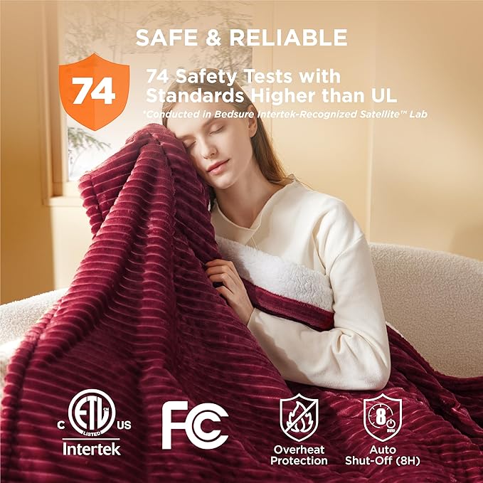 Bedsure GentleSoft Electric Blanket Twin - Soft Ribbed Flannel Heated Blanket, Heating with 10 Time Settings, 6 Heat Settings, and 8 hrs Timer Auto Shut Off, Gifts for Grandma (62x84 inches, Burgundy)