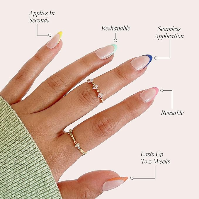 Glamnetic Press On Nails - Sprinkles | Rainbow French Tip Nails, UV Finish Short Pointed Almond Shape, Salon Quality Semi-Transparent Nails in 12 Sizes - 24 Nail Kit with Glue