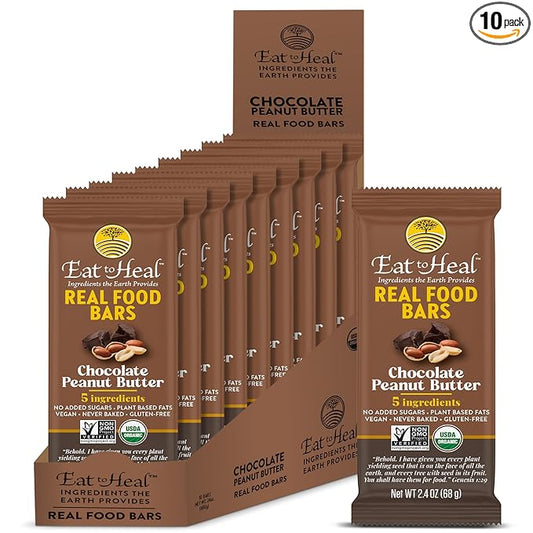 EatToHeal Chocolate Peanut Butter Real Food Bar - Organic Vegan Healthy Gluten Free Protein Bars - Low Sugar Meal Replacement Bar, Non GMO, Never Baked, Plant Based - Crafted to Enjoy