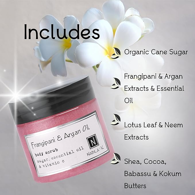 Frangipani & Argan Oil Body Scrub Made in USA with Essential Oil and Vitamin C by Nabila K - Exfoliate and Moisturize for Smooth Skin - Luxury for Women & Men, 10 oz