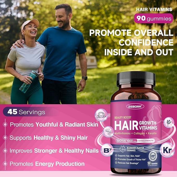 Biotin Gummies for Hair Skin and Nails -Hair Vitamins with Biotin, Zinc, Vitamin A, B6, B12, D3 & More - Support Healthy Skin, Hair Growth, Stronger Nails for Women and Men - 90 Blueberry Gummies