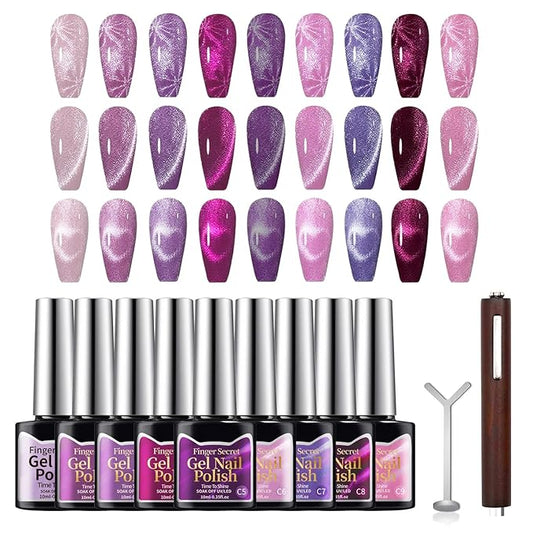 10ml Gel Cat Eye Nail Polish Kit - 9Pcs Cat Eye Magnetic Nail Polish With Magnetic Iron Rod Double Ended Nail Tool, Long-Lasting and Non-Fading Creating Fashionable Manicures