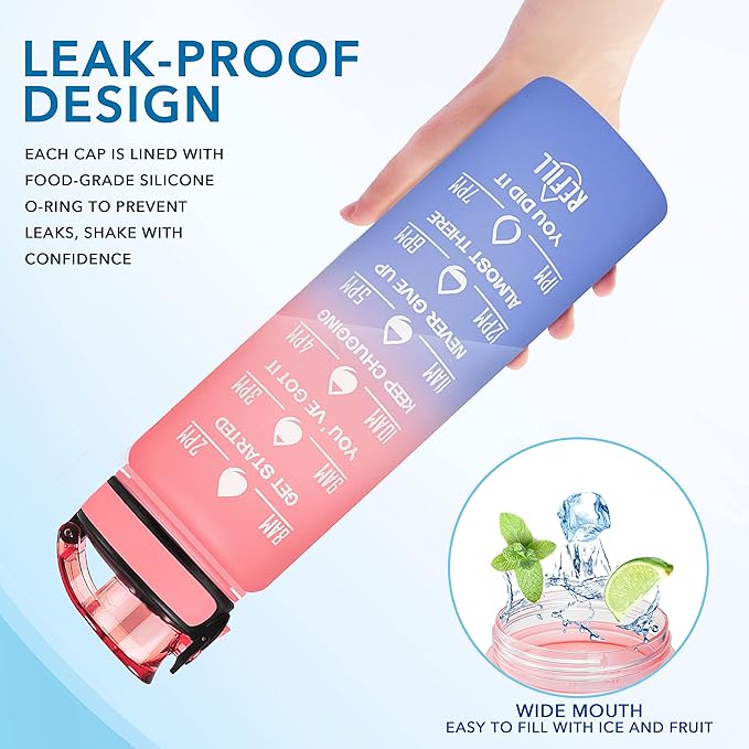 Enerbone Water Bottle, Leakproof BPA & Toxic Free, Motivational Water Bottle with Times to Drink and Straw, Fitness Sports Water Bottle with Strap for Office, Gym, Outdoor Sports