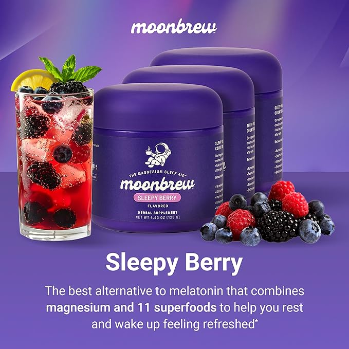 MoonBrew Nighttime Magnesium Sleepy Berry Smoothie, Natural Sleep Aid Drink Mix for Adults, 3-Pack - Calming Melatonin-Free Sleep Support with L-Theanine, Chamomile & Zinc Glycinate - 75 Servings