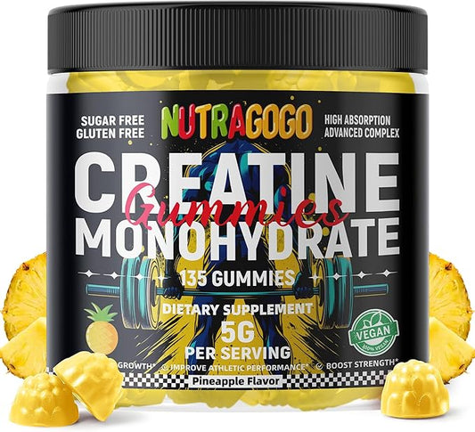 Creatine Monohydrate Gummies for Men & Women-5g of Creatine Monohydrate per Serving - Sugar Free,Vegan, Pineapple Electrolyte Chews, 135 Count