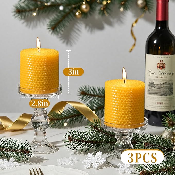 Hand-Rolled Beeswax Candles,2.8x3in-3PCS,All Natural Honeycomb Beeswax Pillar Candles,72 Hours Long Burning Bees Wax Candles for Home,Dripless Smokeless Unscented Honeycomb Pillar Candle