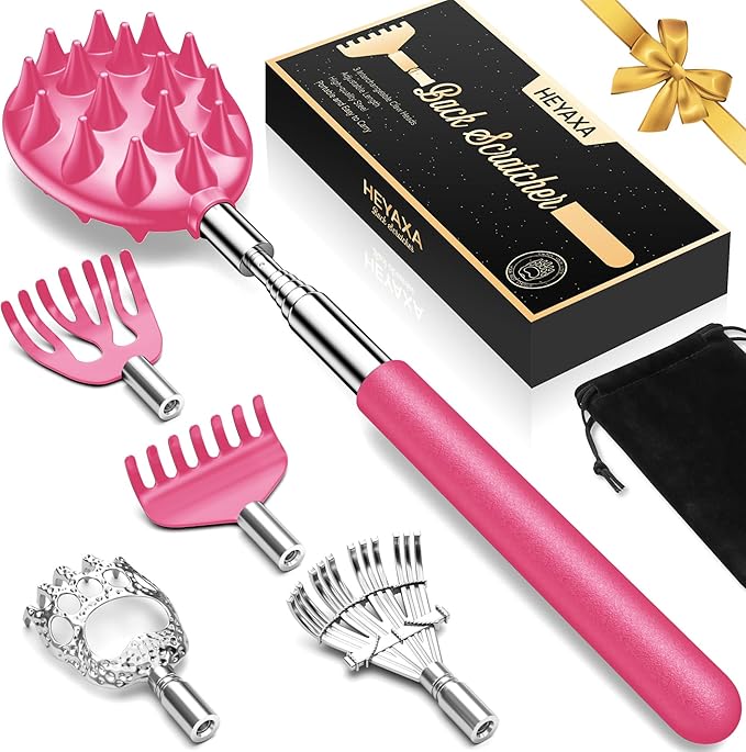Telescoping Back Scratcher with 5 Detachable Heads, Gifts for Christmas, Stocking Stuffers for Men, Women, Him, Her, Dad, Funny White Elephant Gifts for Adults, Gift Box Included