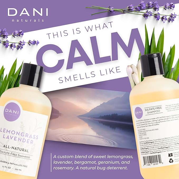 DANI Naturals Shampoo - Lemongrass Lavender - Calming for the scalp; Scalp redness reduction; Reduces dandruff & dryness, 12 oz