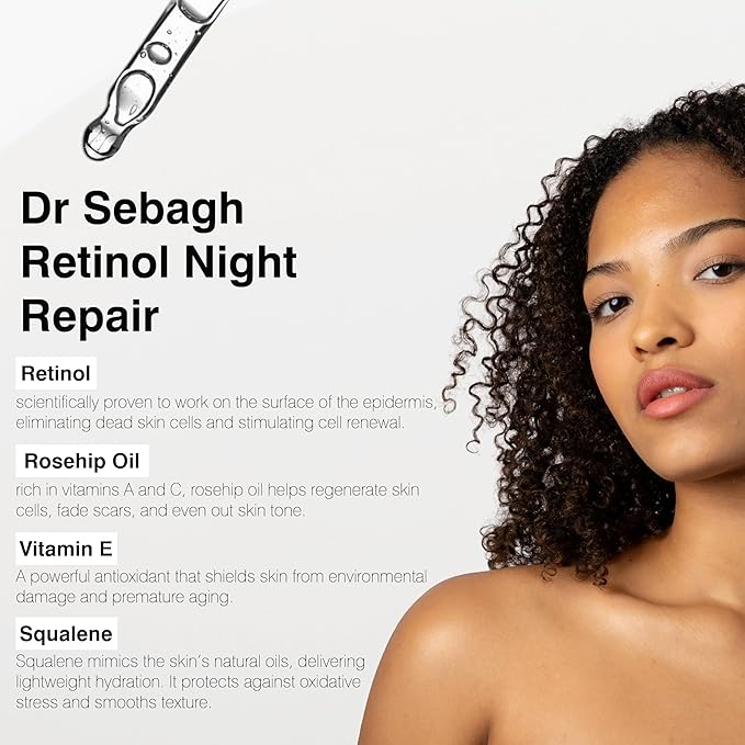 Dr Sebagh Retinol Night Repair (1 fl oz) - High-Strength Retinol Serum for Face - Skin Booster Serum with Vitamin E, Rosehip Oil & Squalane - Boosts Collagen & Brightens Skin