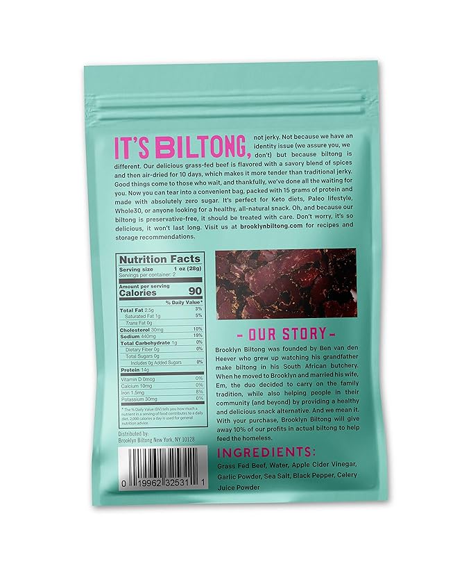Brooklyn Biltong - Air Dried Grass Fed Beef Snack, South African Beef Jerky - Whole30 Approved, Paleo, Keto, Gluten Free, Sugar Free, Made in USA - 2 oz (Steakhouse)