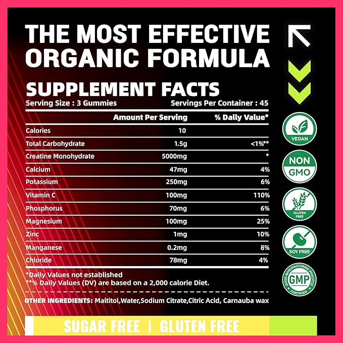 Creatine Monohydrate Gummies (5g) – Pre-Workout Energy & Muscle Growth Support for Men & Women | Pineapple Watermelon Electrolyte Gummies (135 Count)