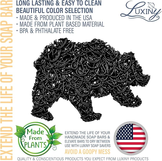 Soap Savers for Bar Soap/ShampooConditioner Bars, Made in USA by Luxiny | Lifts Bars in Soap Dishes & Shower Soap Holders | Handmade Soap Lasts Longer | Bars Dry Between uses (Black Bear)