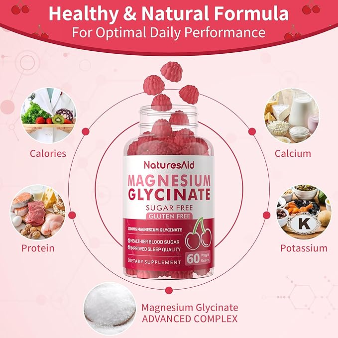 Natures Aid Magnesium Glycinate Gummies 1000mg - Sugar Free Magnesium Potassium Supplement with Vitamin D, B6, CoQ10 for Calm Mood & Sleep Support - 120 Cherry Gummies -2 Pack