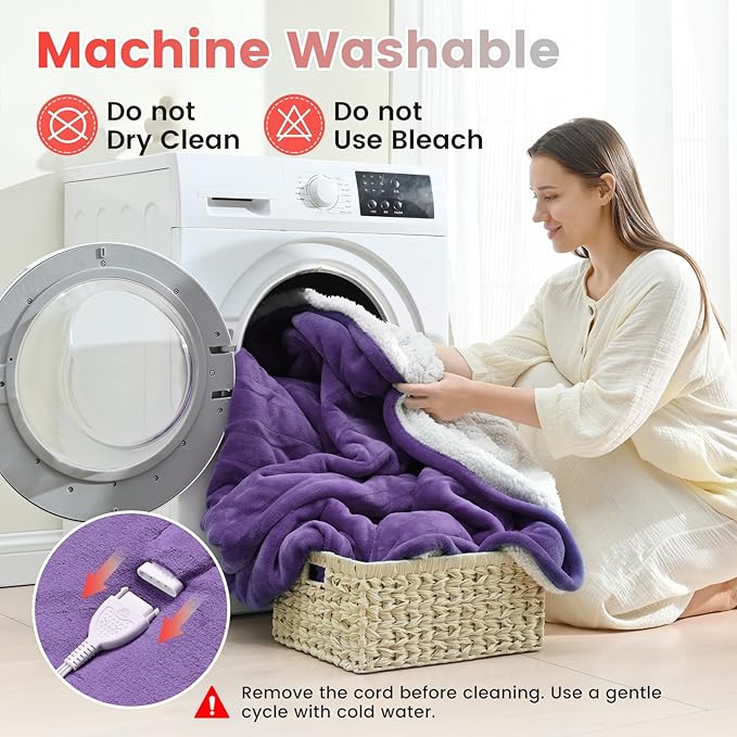 Sunable Heated Electric Blanket - Machine Washable Blanket with Time Settings 10 Heat Settings Queen Size 84×90 inches Purple - Velvet & Sherpa