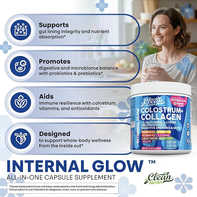 Bovine Colostrum Powder + Collagen Peptides with L-Glutamine L-Lysine Prebiotics Probiotics Digestive Enzymes Vitamin D K2 C Quercetin & Folate | Gut Health Supplement Internal Glow by Clean Nutra
