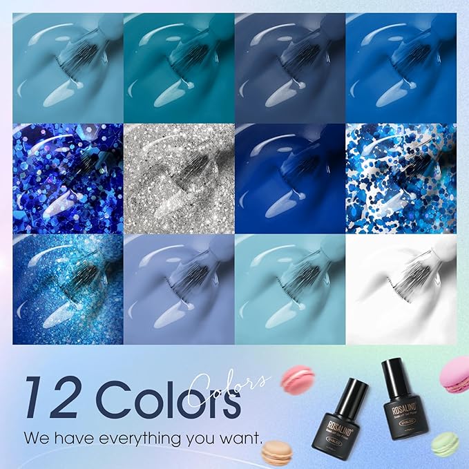 ROSALIND Blue Gel Nail Polish Set, 12 Colors Blue Shades Gel Polish Soak Off Aquarius Winter Gel Polish Set for Nail Art Gift