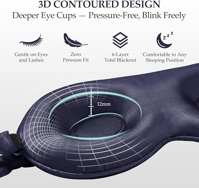 100% Pure Mulberry Silk Sleep Mask, 3D Contoured Cup Eye Mask for Sleeping, 22 Momme Super Soft Breathable Blindfold, Adjustable Blackout Travel Silk Eye Cover Blue