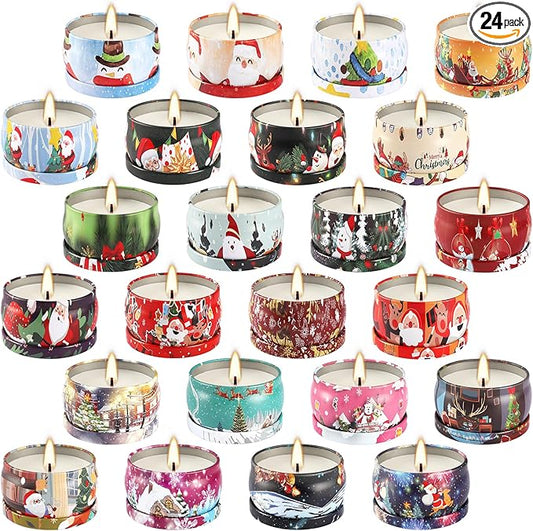24Pack Christmas Scented Candle Tins Gift Set - Soy Wax Festive Aromatherapy Candles 2.5oz- Smokeless Long Lasting Burn time for Advent & Christmas Gifts Holiday Decor & Gifting.