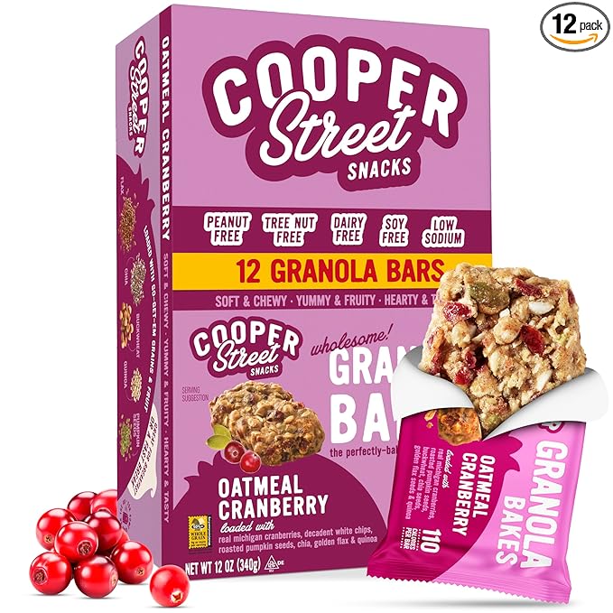 Cooper Street Oatmeal Cranberry Granola Bakes (12 pack) - Individually Wrapped Soft and Chewy Breakfast Granola Bars - Nut, Dairy & Soy Free - Great As Kids Snacks For School, Hiking Or Lunchbreak