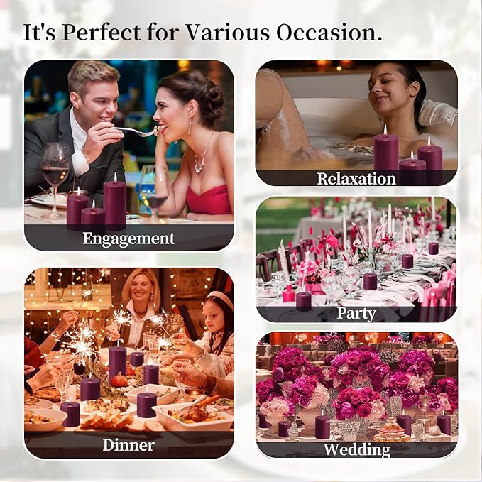 KONNI Purple Pillar Candles Set of 3, 3"x 4" Unscented Pillar Candles Bulk, 39 Hours Long Burning Candles, Smokeless&Dripless Large Round Candle for Wedding, Home Decoration, Parties, Spas, Dinner