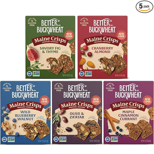Maine Crisp Variety 5 Pack, Gluten Free Crackers – Snack Crackers, Grain Free, Non-GMO - Cranberry Almond, Cinnamon Maple, Savory Fig & Thyme, Wild Blueberry Walnut, Olive & Za'atar, For Cheese Boards, Salad Toppings & Jams