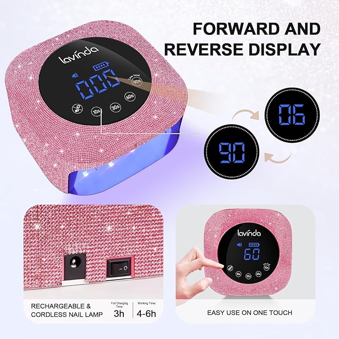 UV Nail Lamp 54W, Cordless Gel UV Led Nail Lamp for Gel Nail Polish, Rechargeable UV Nail Light Nail Dryer with 4 Timer and LCD Display, Professional Fast Curing Lamp Nail Art Tools with Rhinestone