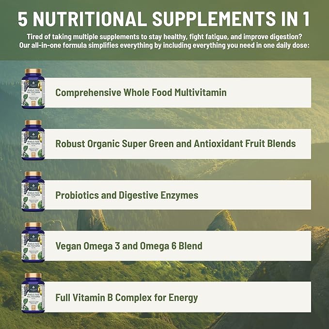 Abundant Earth Whole Food Multivitamin for Women, Daily Multi Vitamins Supplements for Men/Mens Multivitamins + B Complex, Probiotic Multi Enzyme, Omegas for Organic Energy, Mood, Digestion 90ct