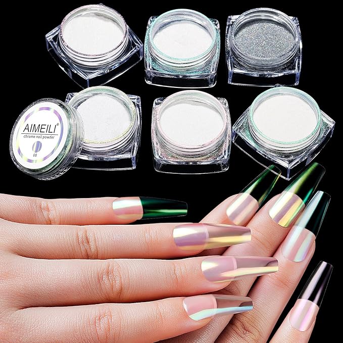 AIMEILI Pearl Chrome Nail Powder 6 Boxes Nail Art Manicure Powder Set, 1×0.5g Holographic Powder, 5×0.5g Chrome Nail Powder