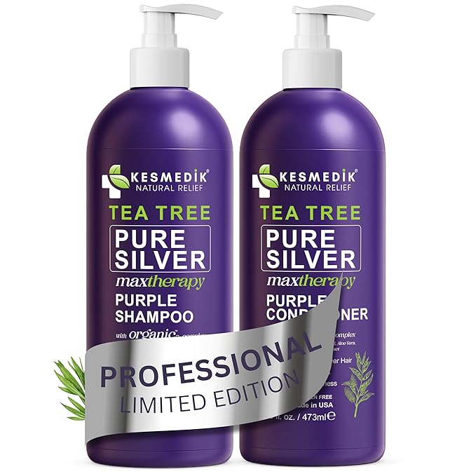 Professional Purple Shampoo & Conditioner Set with Tea Tree Oil for Silver & Grey Hair, Anti-Brass Toner, Neutralizes Yellow Tones, Revitalizes Color & Relieves Itchy Scalp, 16 fl oz Each