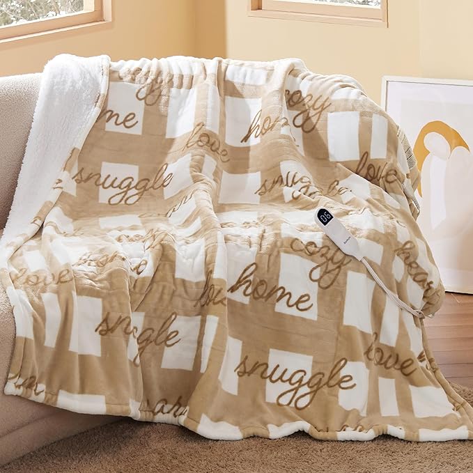 Bedsure Healing Heated Blanket Throw - Flannel Sherpa Electric Blanket with Inspirational Words, Heated Throw with 6 Heating Levels, 4 Time Settings, 3-Hour Auto-Off, Gift for Grandma (50"x60")