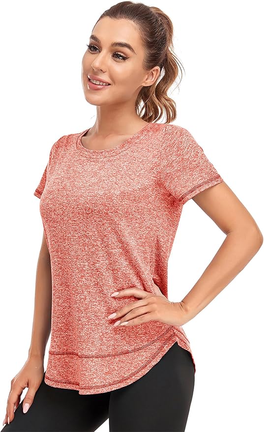 Women's Short Sleeve Workout Shirts Crewneck Sports Yoga Running Dry Fit Tops Side Split Tee