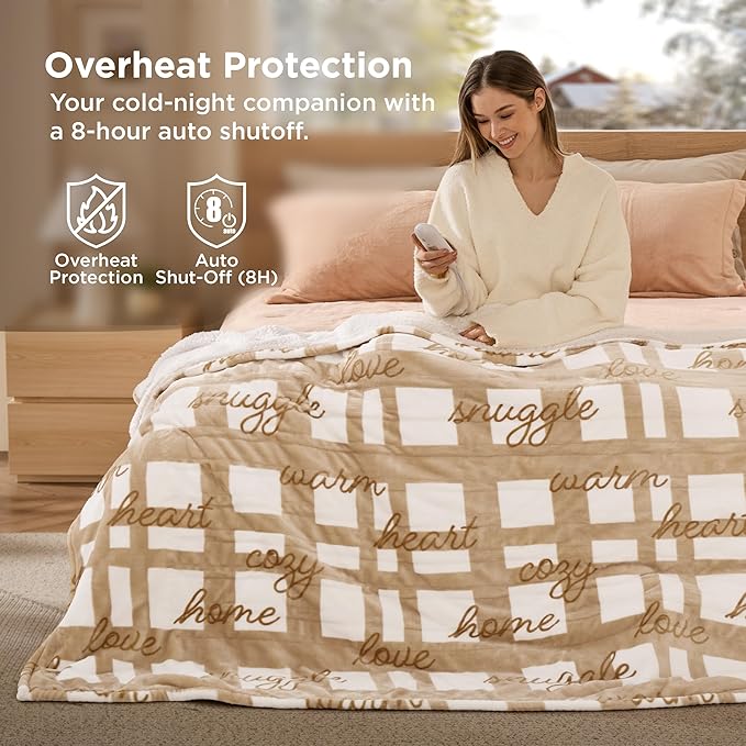 Bedsure Healing Electric Blanket Twin - Soft Flannel Sherpa Heated Blanket with Inspirational Words, Gift for Grandma, Heating with 6 Heating Levels, 10 Time Settings, 8-Hour Auto-Off (62x84 inches)