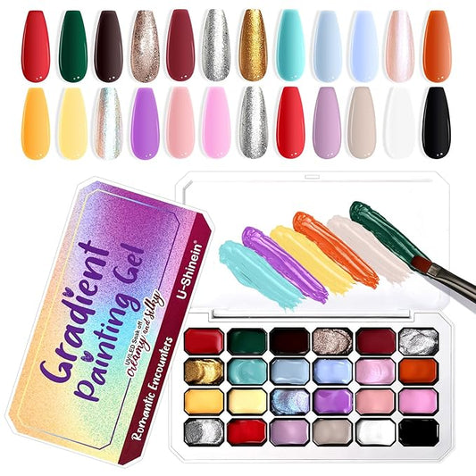 Gradient Painting Gel, 24 Bright Glitter Gold&Silver Black&White Pearlescent Colors Ombre Gel Nail Polish for Light Pigment Pat Nail Gel Kit French Manicure No-wipe DIY Nail Art Soak of UV C