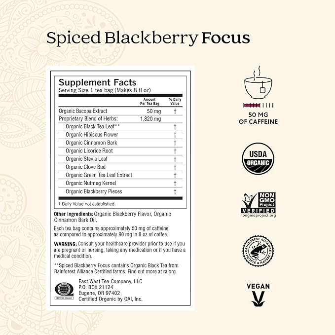 Yogi Spiced Blackberry Focus Tea, Vegan Friendly, Kosher, USDA Certified Organic, Non-GMO, 16 Tea Bags (Pack of 6)