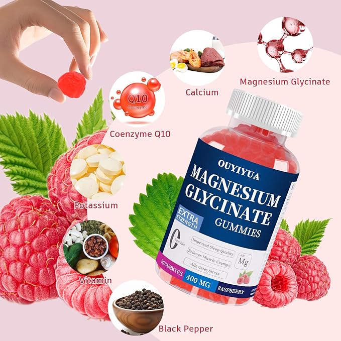 Magnesium Glycinate 400mg Gummies, Sugar Free Magnesium Gummies with Vitamins D, B6 for Sleep Support, Stress and Muscle Relief for Men and Women (2 Pack)
