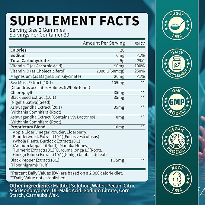 Sea Moss Gummies | Black Seed Oil Ashwagandha Chlorophyll | with Turmeric, Magnesium, Elderberry, Manuka Honey - Irish Sea Moss Gummy for Immune & Digestive, Gut Detox Support | Vegan, 120
