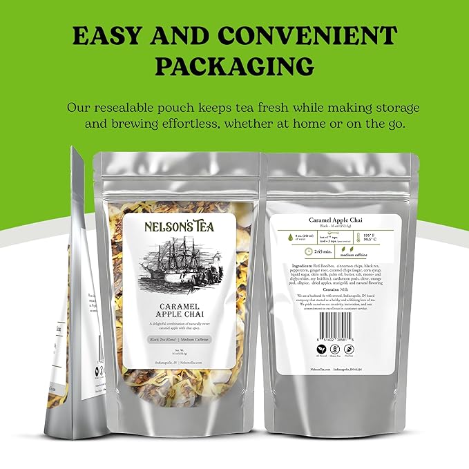 Nelson's Tea Caramel Apple Chai Tea Loose Leaf - Cut & Sifted Red Rooibos Loose Leaf Tea, Black Tea with Cinnamon Chips, Peppercorn, Ginger Root, Cardamom, Clove, Orange Peel and All Spice (16 oz)