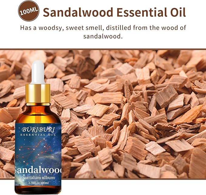 BURIBURI 100ML Sandalwood Essential Oil, 100% Pure Undiluted Aromatherapy Sandalwood Oil 3.38fl.oz for Soap, Candle Making, Massage, Diffuser, Humidifier