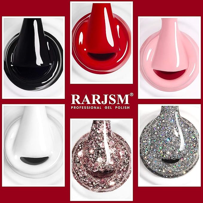RARJSM Gel Nail Polish Kit, Glitter Rose Gold Silver Gel Polish, Pastel Pink Classic Red Black White Nail Polish Set, Curing Required Nail Art Manicure Salon 7.5ML Each Bottle