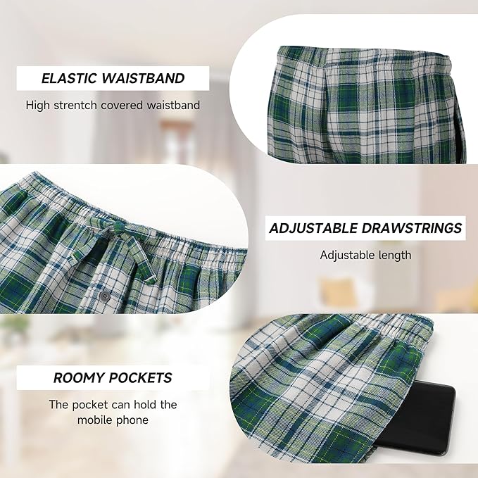 BAMBOO COOL Men's Pajama Bottoms Plaid Pajamas Pants for Men Soft Long Lounge Woven Pj Sleep Pant with Pockets