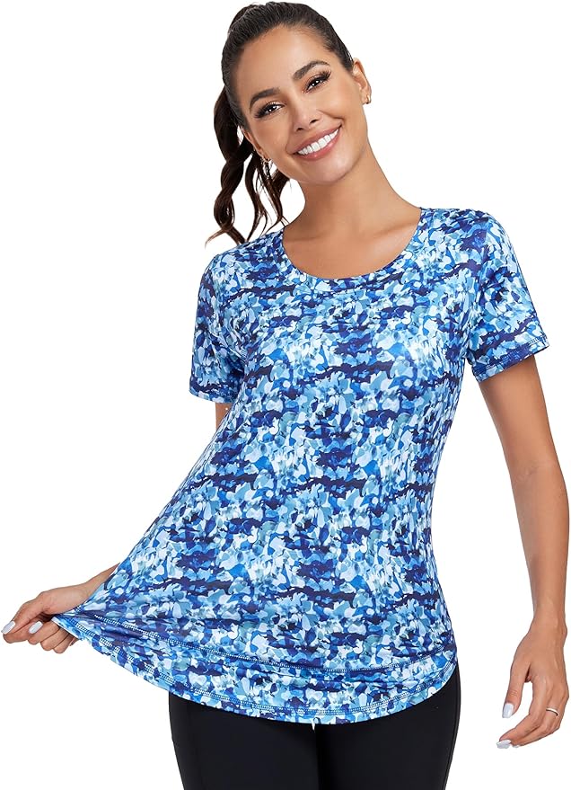 Women's Short Sleeve Workout Shirts Crewneck Sports Yoga Running Dry Fit Tops Side Split Tee