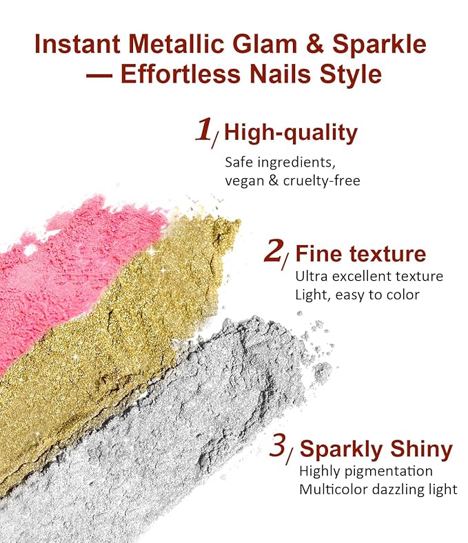 Chrome Nail Powder Kit 6 PCS - Gold Chrome Nail Powder with Pearl Chrome & Effect,Metallic Mirror Holographic Nail Powder for Gel Nails DIY Home Salon Manicure White Silver Pink Blue