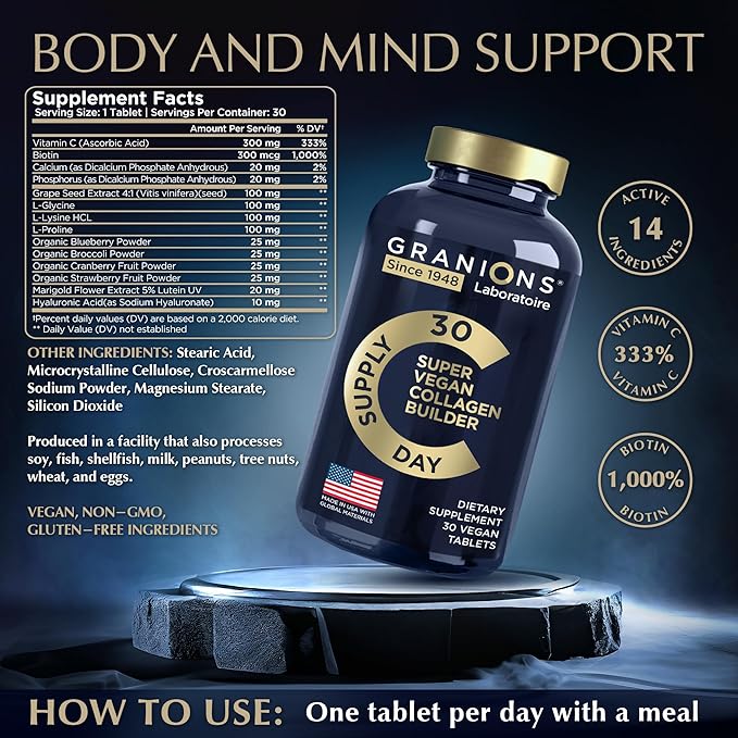 Vegan Collagen Supplements for Women and Men - Plant Based Collagen Boost Tablets - Beauty Booster Vegan Biotin, Hyaluronic Acid, Amino Acids, Organic Collagen Peptides - 30 Collagen Vegan Pills