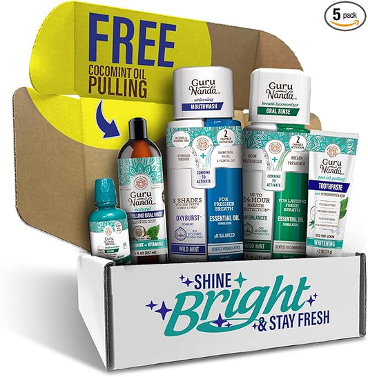 GuruNanda Shine Bright Stay Fresh – Dual Barrel Whitening & Breath Harmonizer Mouthwash & Neem Toothpaste for Long-Lasting Fresh Breath & Teeth Whitening