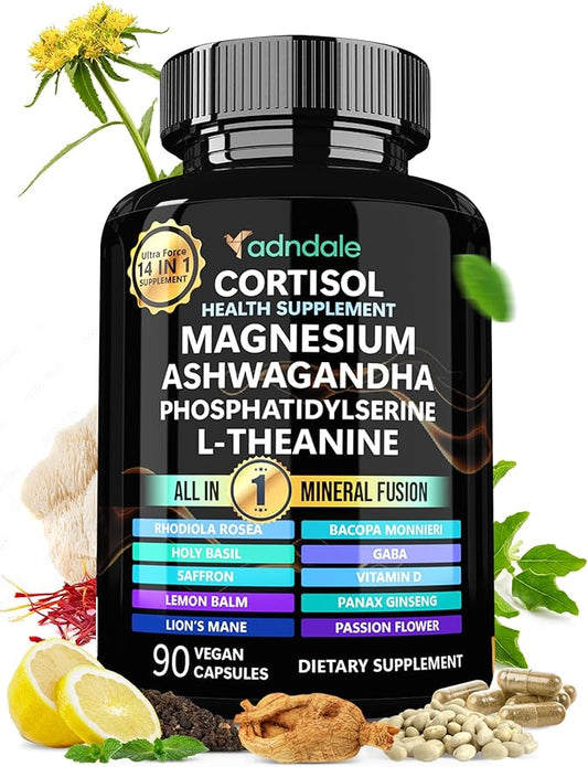 Adndale Cortisol Supplements for Women. Cortisol Supplement 14-in-1 Ashwagandha Supplement with Magnesium Glycinate, L-Theanine & More. 90 Capsules.