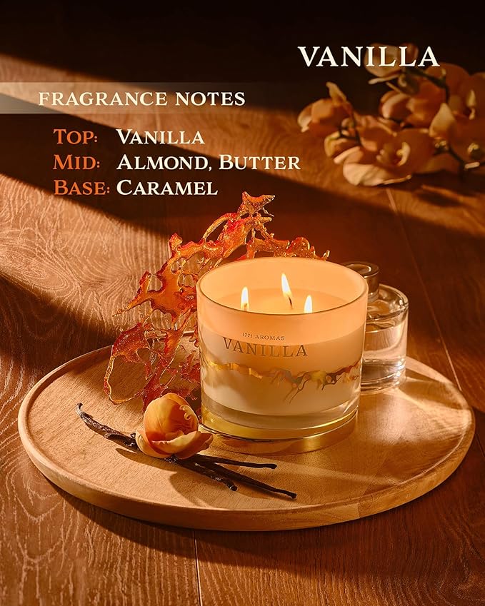 Vanilla Scented Candles - 100% Natural Soy Wax - Large 3 Wick Jar Candle - Up to 50 Hours Burning Time - Candles for Home - Gift-Ready Candle for Men & Women - Aromatherapy Candles