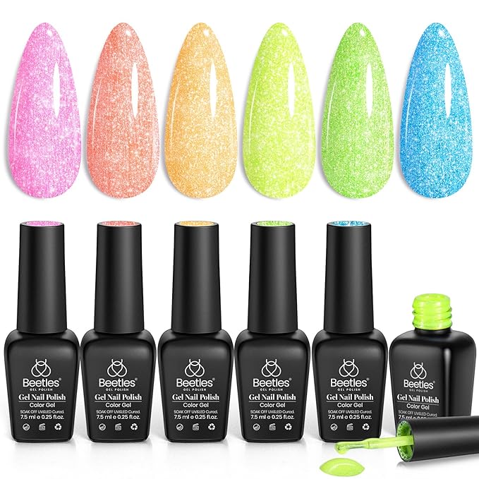 Beetles Glitter Gel Polish Set - 6 Colors Sparkling Water Shimmer Blue Green Pink Orange Glitter Neon Gel Polish Soak Off Nail Art Design Soak off Uv Gel Manicure Gift for Girls Women