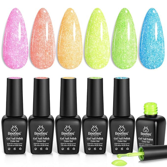 Beetles Glitter Gel Polish Set - 6 Colors Sparkling Water Shimmer Blue Green Pink Orange Glitter Neon Gel Polish Soak Off Nail Art Design Soak off Uv Gel Manicure Gift for Girls Women