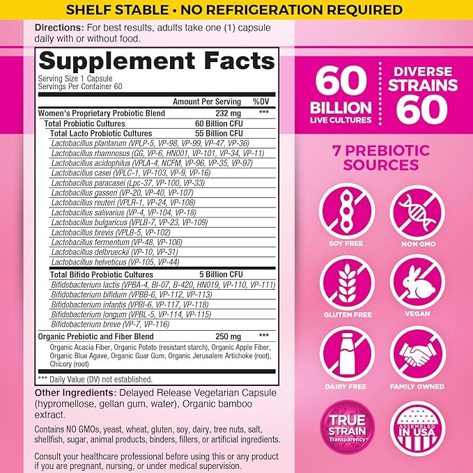 Vital Planet - Vital Flora Probiotics for Women 60 Billion CFU, Diverse Strains, Daily Shelf Stable Probiotic with Organic Prebiotics, for Vaginal Support, Immune and Digestive Health 60 Capsules