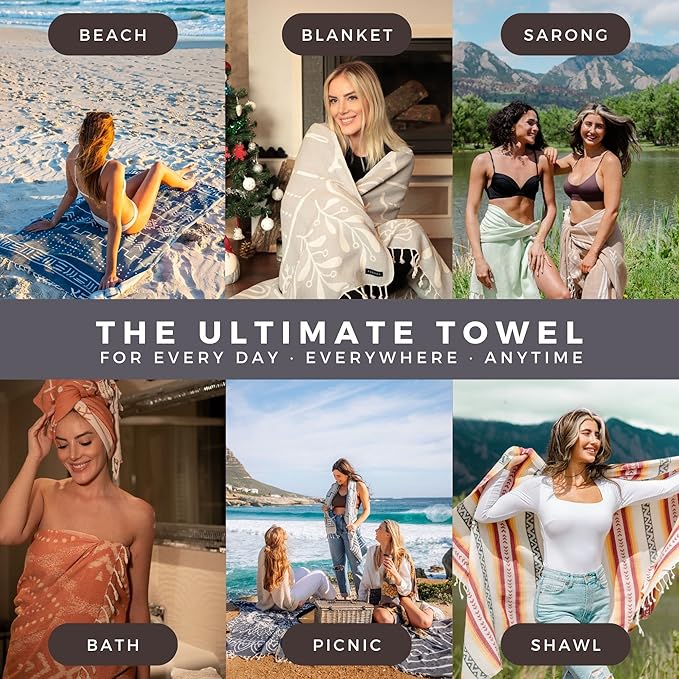 FESHKA Sand Proof Turkish Beach Towel – Oversized, Quick Dry & Lightweight Travel Towel - 100% Organic Cotton Beach Blanket - Perfect for Bath, Pool & Picnic | Explorer (Dark Navy)